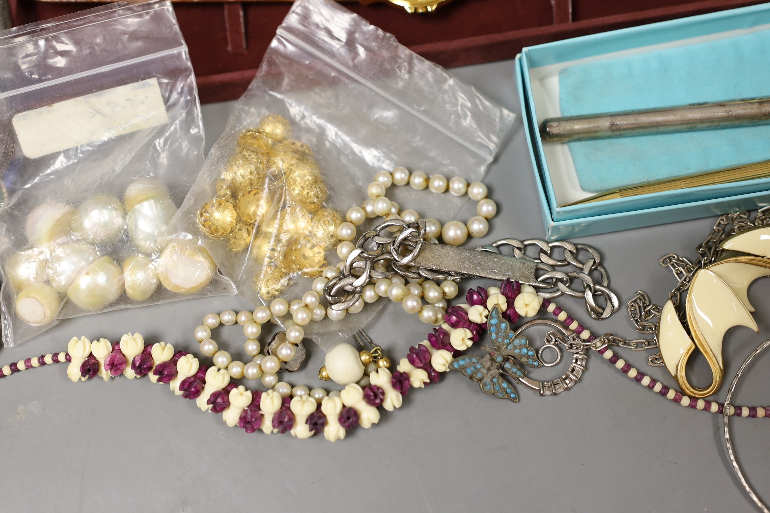 Mixed costume jewellery including filigree bracelet, bangles etc. and other items including two pens and a fob watch.